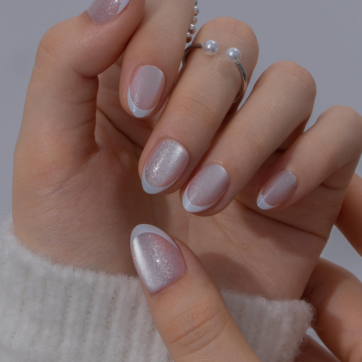 Close-up of CurvLife almond shape press on nails