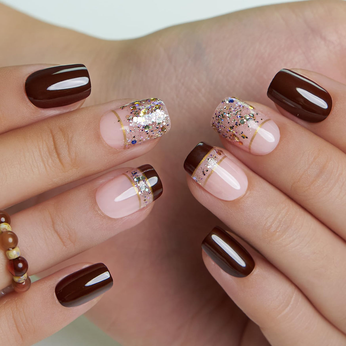 Close-up of CurvLife press on nails with a natural look