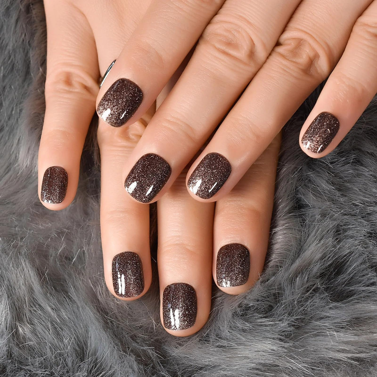 Close-up of CurvLife press on nails with gel finish