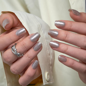 Close-up of CurvLife Short Square Glitter Press On Nails showing gel finish