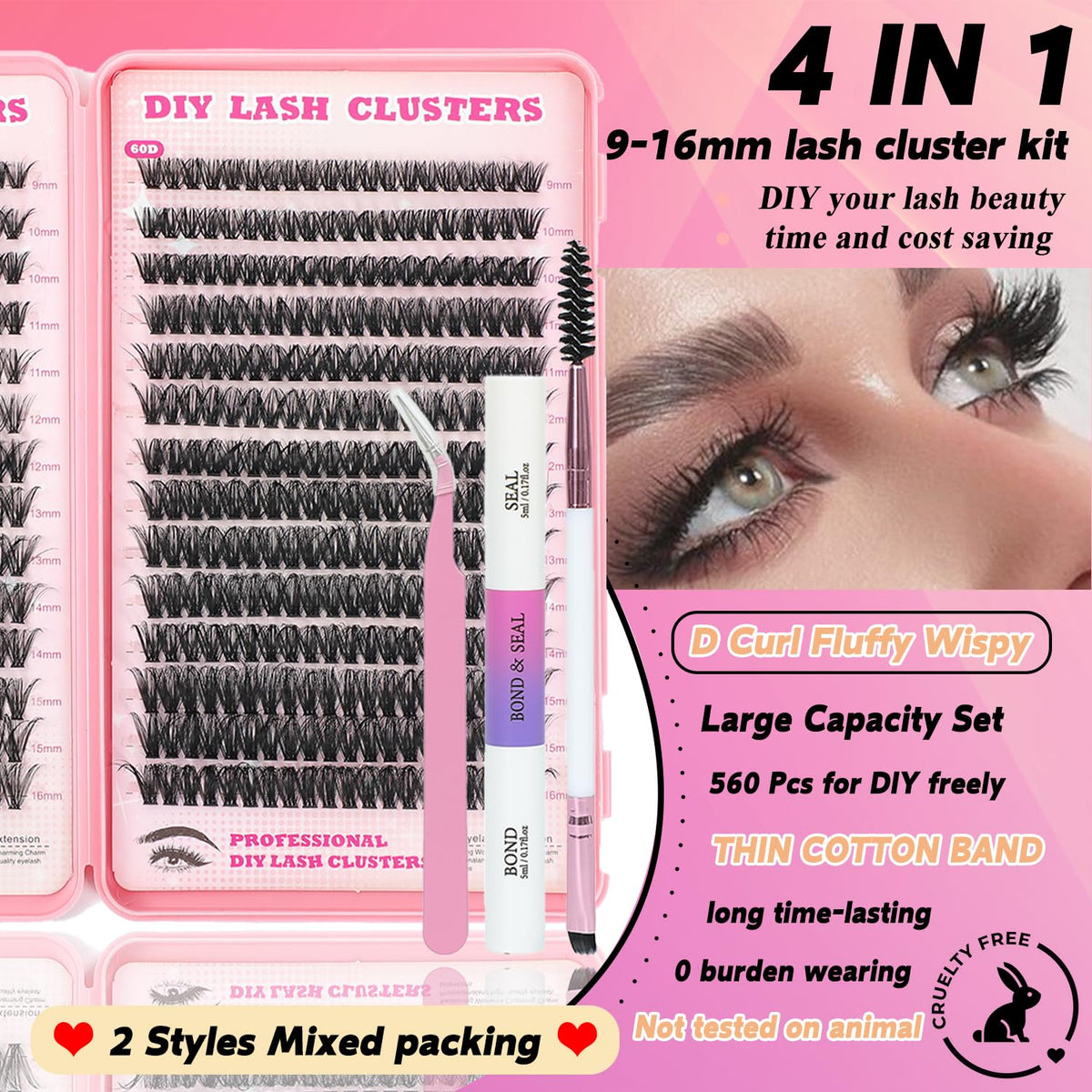 Close-up of D Curl lash clusters in the kit