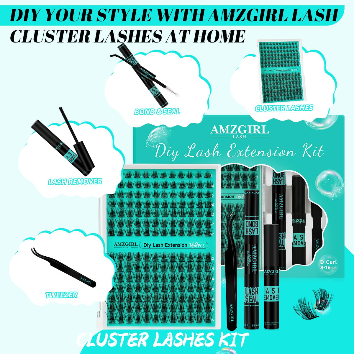 Close-up of D Curl lash clusters in various lengths