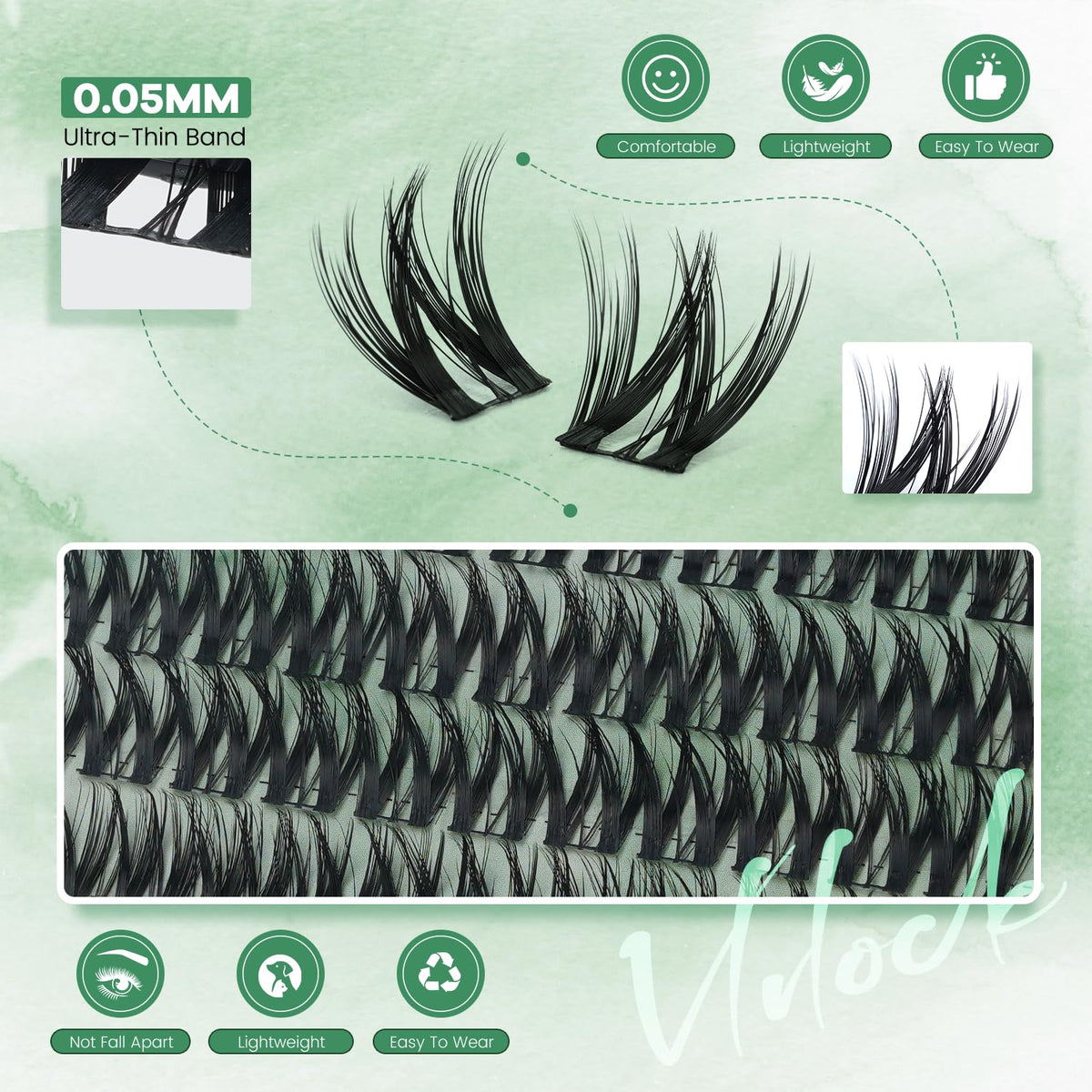 Close-up of D Curly lash clusters in VLVLOCK kit