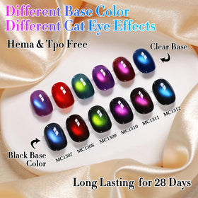 Close-up of dark green cat eye gel polish bottle