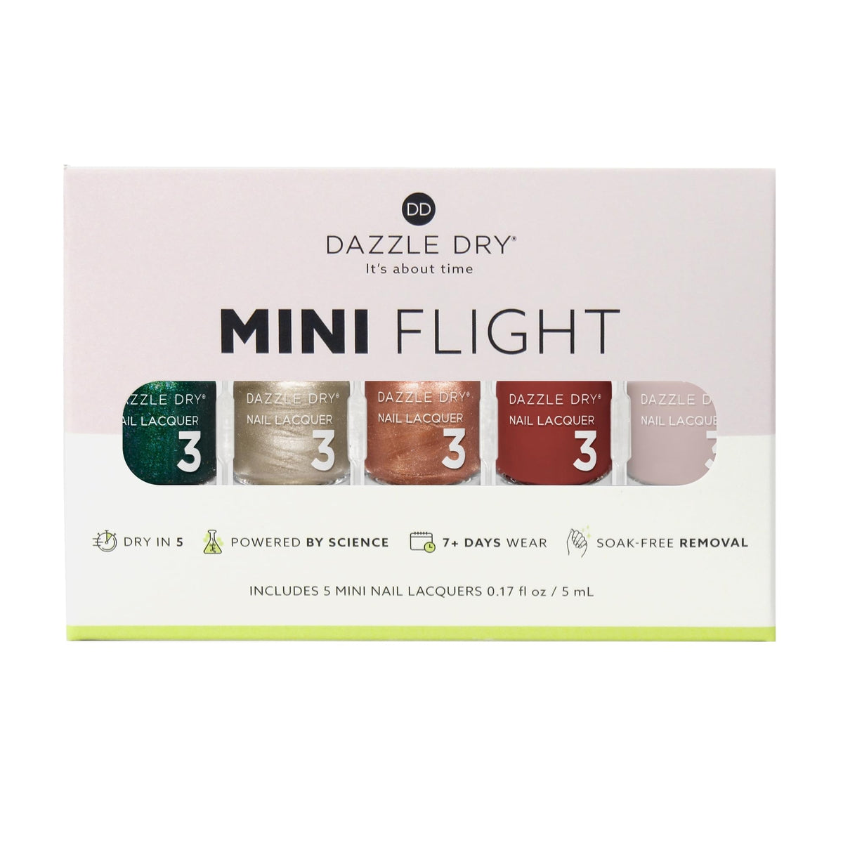 Close-up of Dazzle Dry Mini Flight Afterparty lacquers in assorted colours
