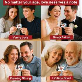 Close-up of DEARMINE Penguin Couple's Love affirmation card with cute illustrations