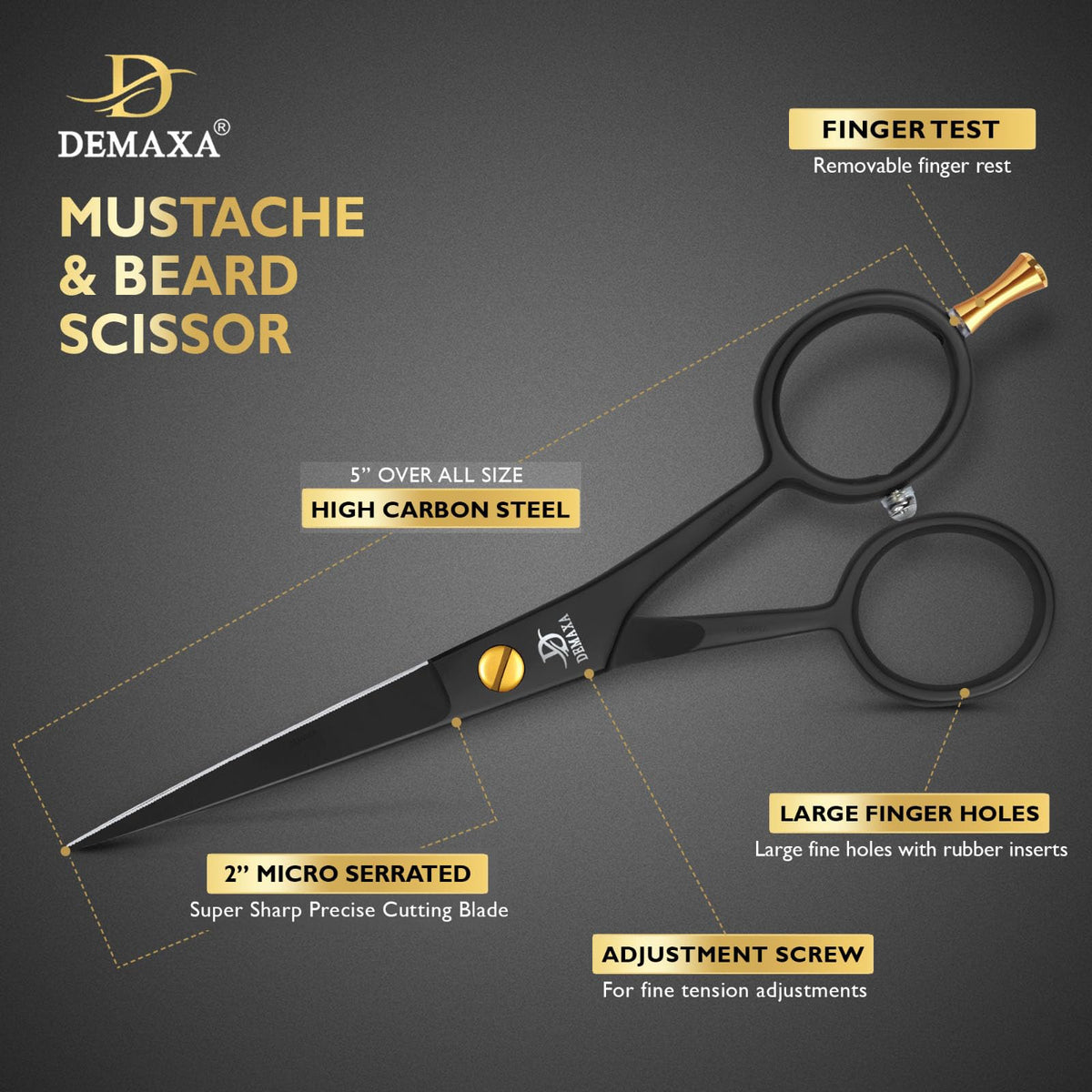 Close-up of DEMAXA beard scissors micro-serrated blade