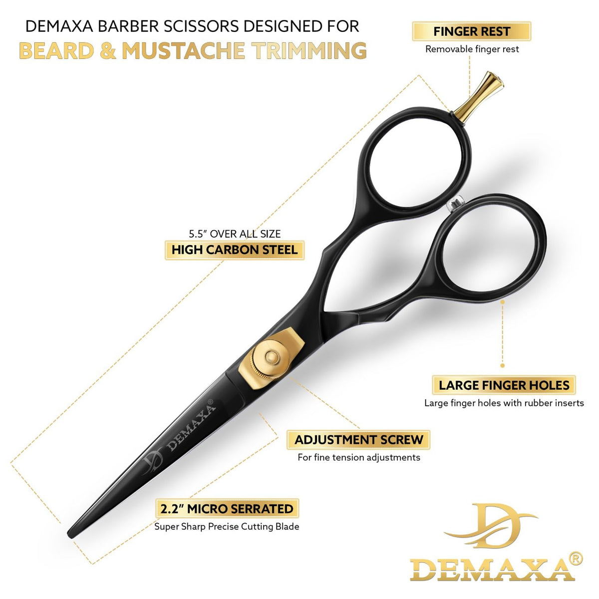 Close-up of DEMAXA mustache scissors with fine tip tweezers