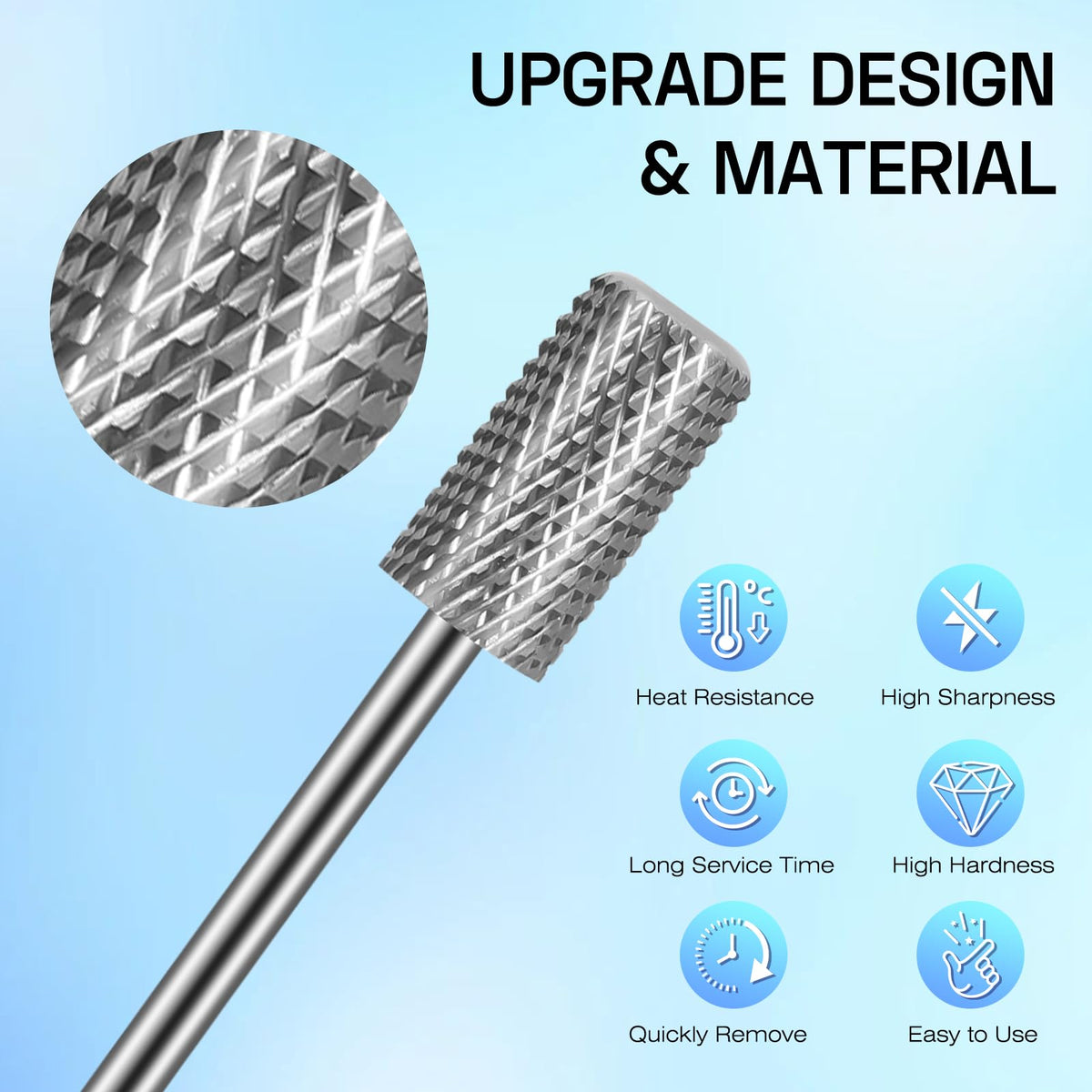 Close-up of Depvko carbide nail drill bits for shaping and polishing
