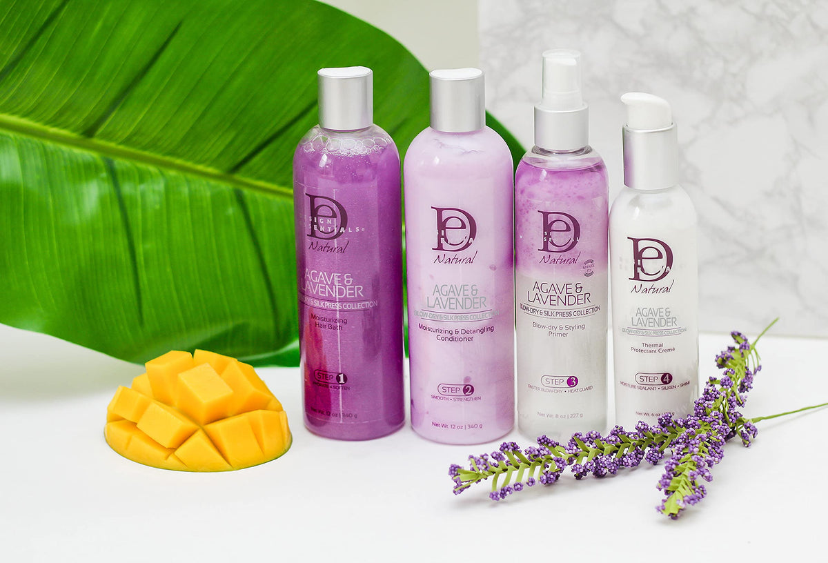 Close-up of Design Essentials Agave & Lavender Shampoo label