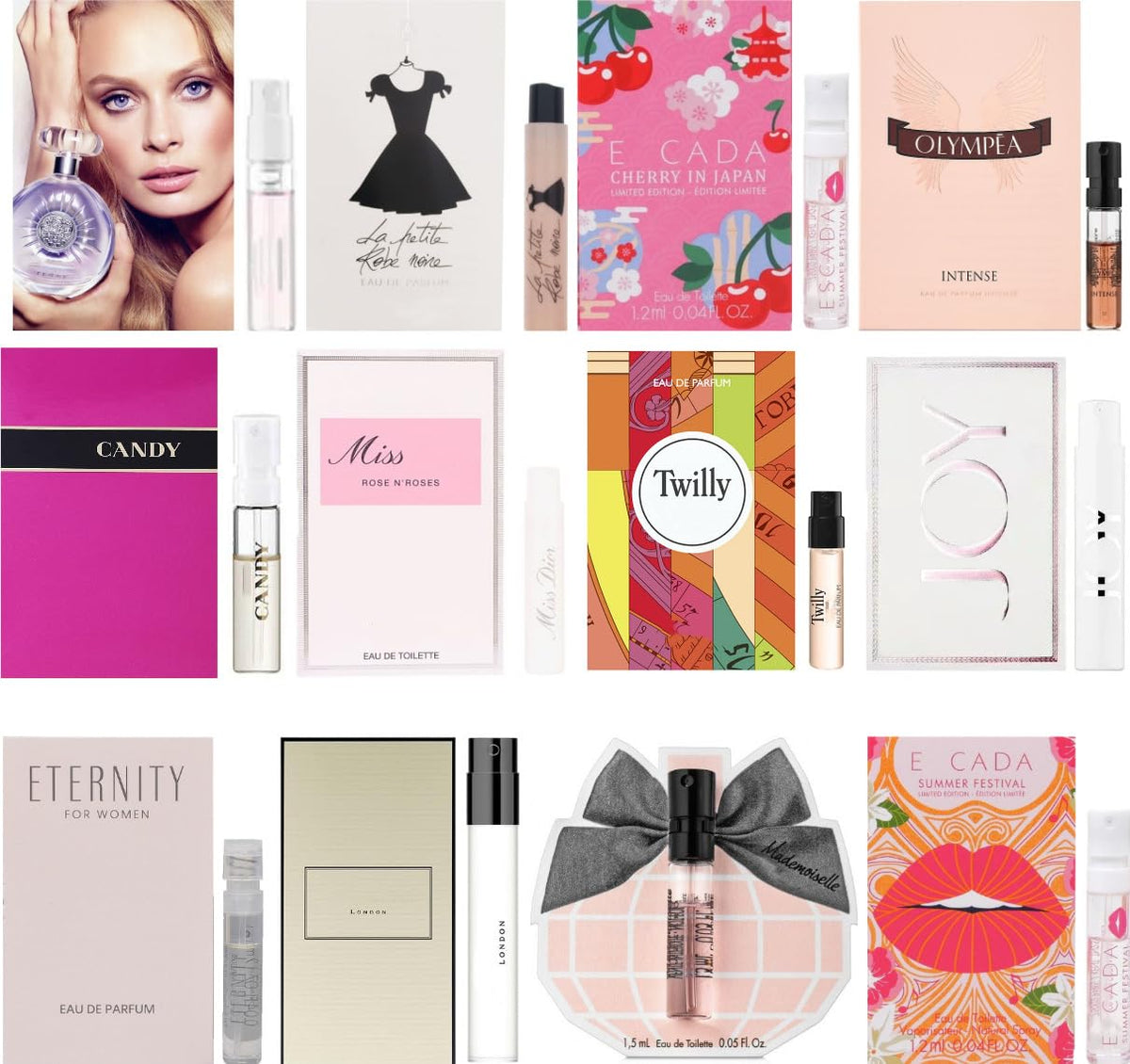 Close-up of Designer Perfume sample vials displaying various fragrances