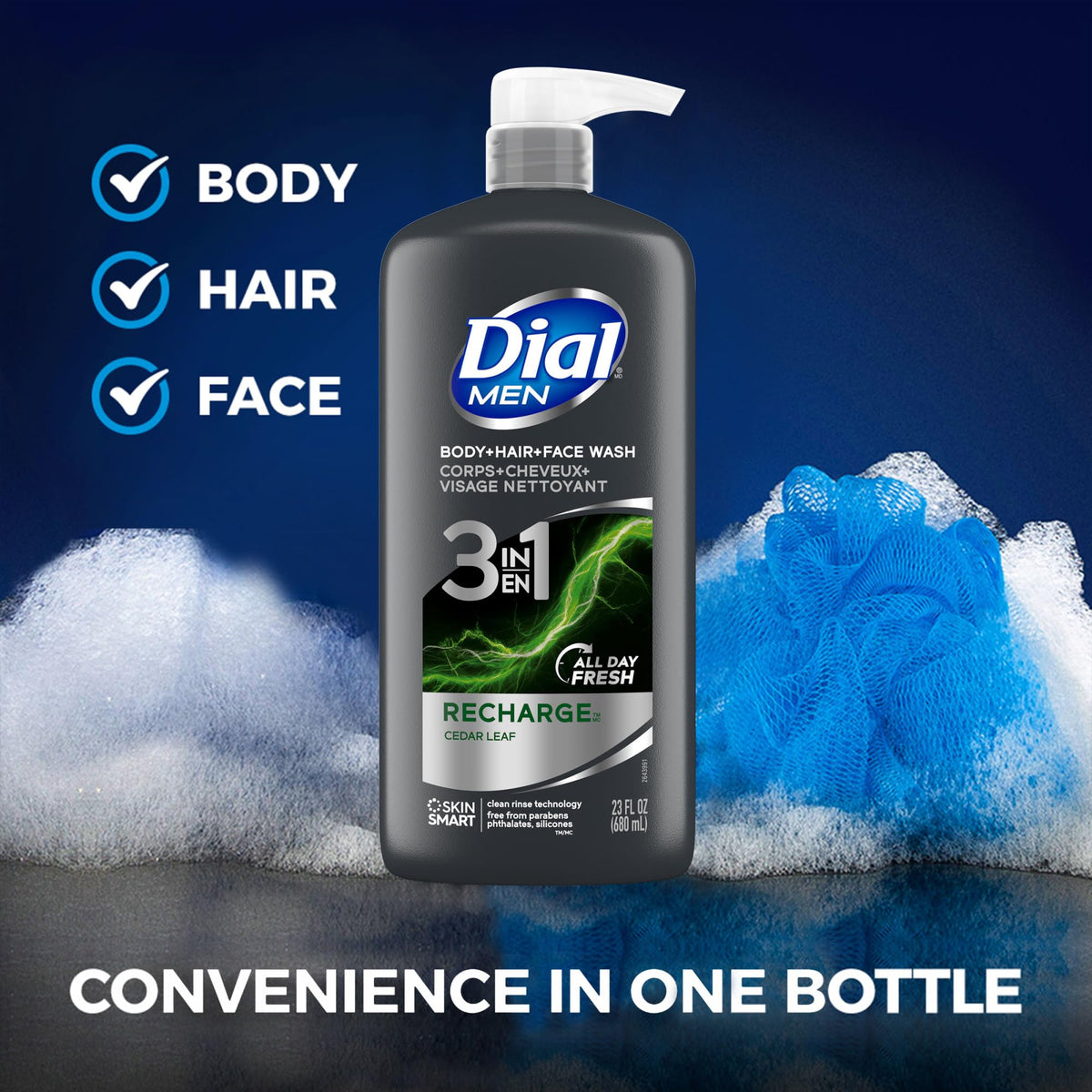 Close-up of Dial Men 3-in-1 Body Wash lathering on skin