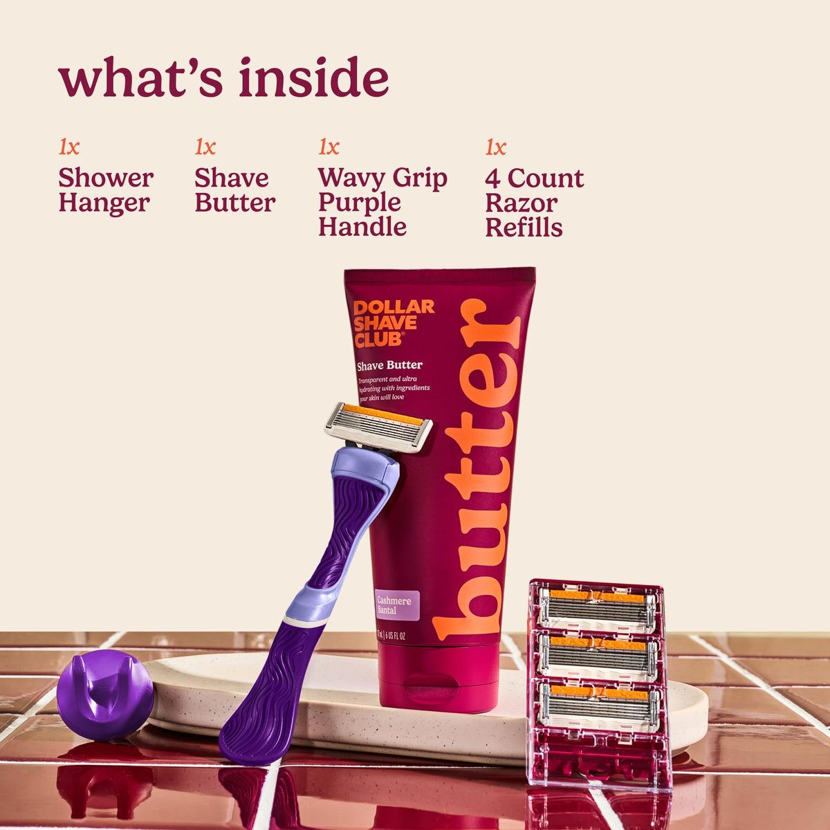 Close-up of Dollar Shave Club purple wavy grip handle