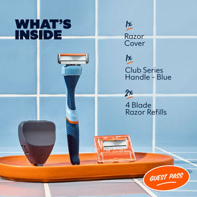 Close-up of Dollar Shave Club razor with 4 precision blades