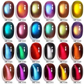 Close-up of Double Rhythm gel nail polish bottles in various colours