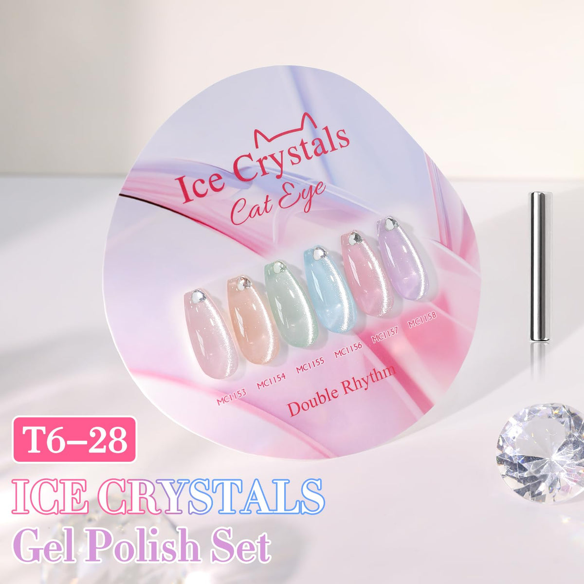 Close-up of Double Rhythm Gel Nail Polish bottles with shimmer