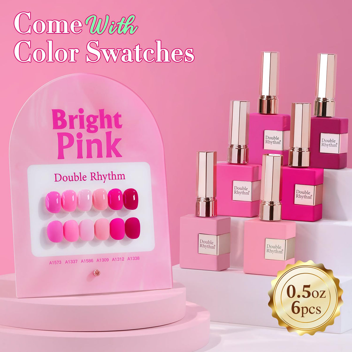 Close-up of Double Rhythm gel polish bottle with vibrant pink shade