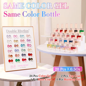 Close-up of Double Rhythm gel polish bottles