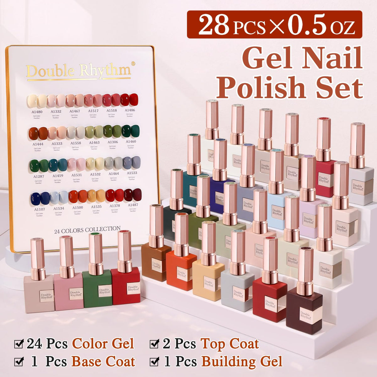 Close-up of Double Rhythm gel polish bottles in Burgundy Green
