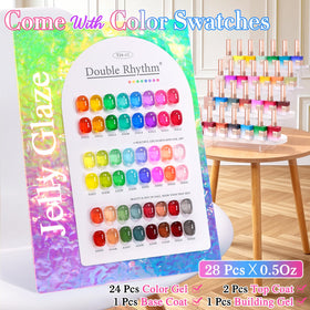 Close-up of Double Rhythm gel polish bottles in neon colours