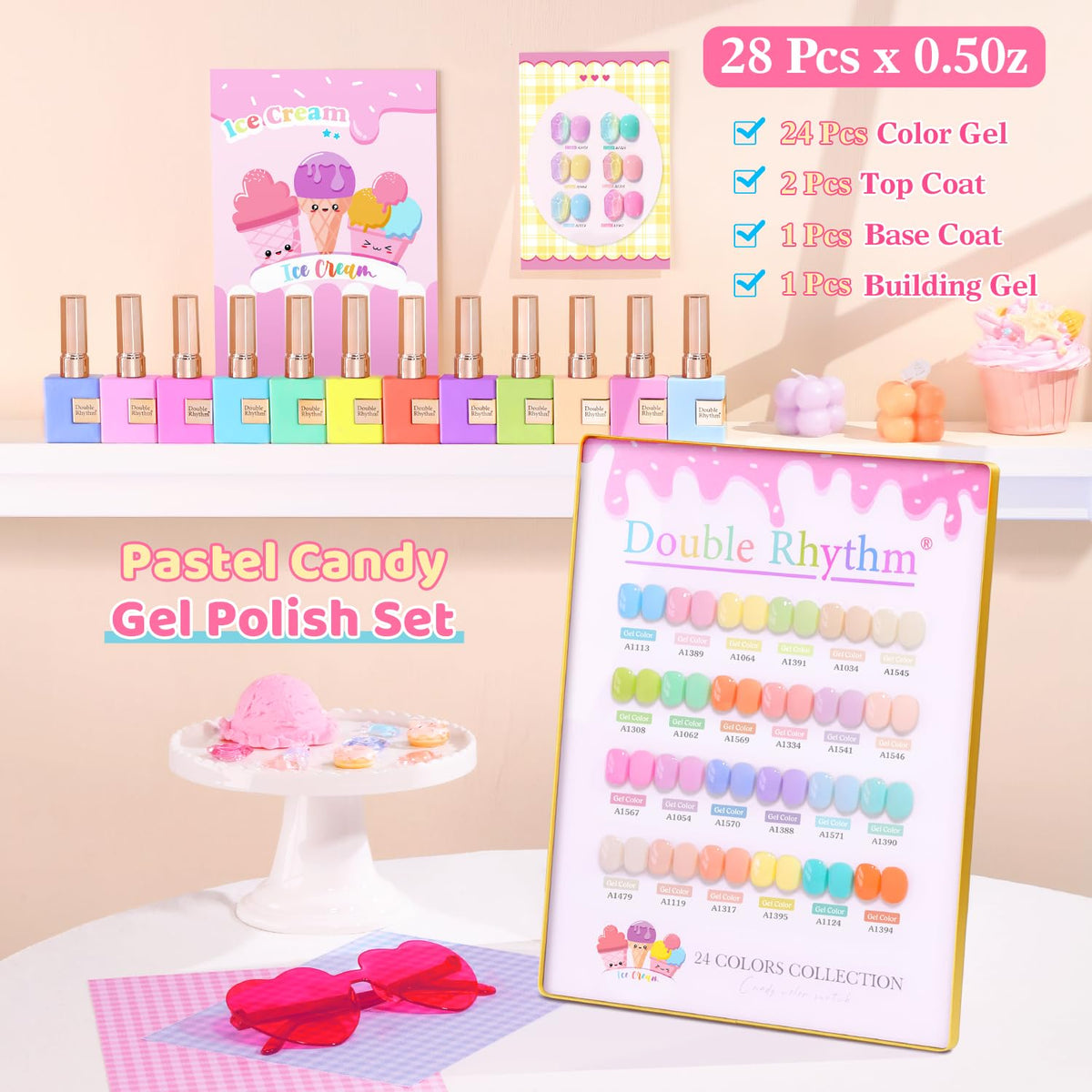 Close-up of Double Rhythm gel polish bottles in pastel colours