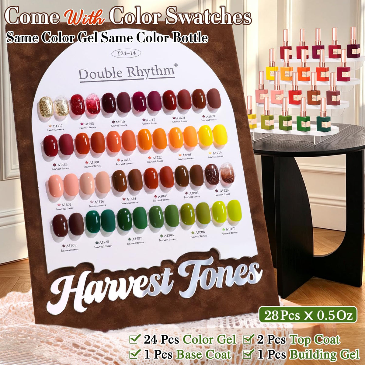 Close-up of Double Rhythm gel polish bottles in various colours