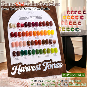 Close-up of Double Rhythm gel polish bottles in various colours