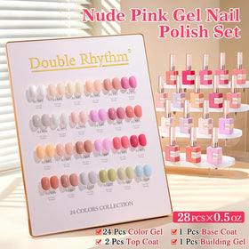 Close-up of Double Rhythm gel polish bottles in various nude pink shades