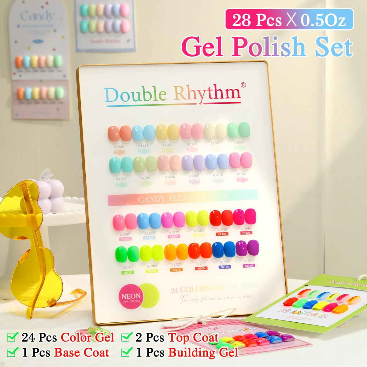 Close-up of Double Rhythm gel polish bottles in vibrant colours