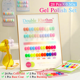 Close-up of Double Rhythm gel polish bottles in vibrant colours