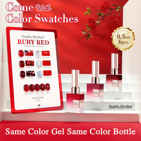 Close-up of Double Rhythm Gel Polish bottles with swatches
