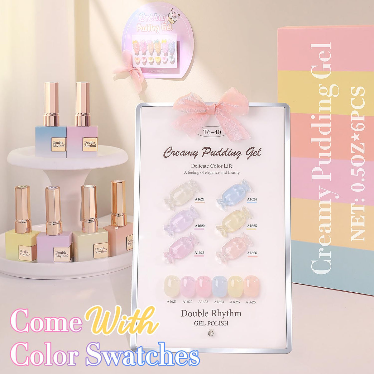 Close-up of Double Rhythm Gel Polish bottles with swatches