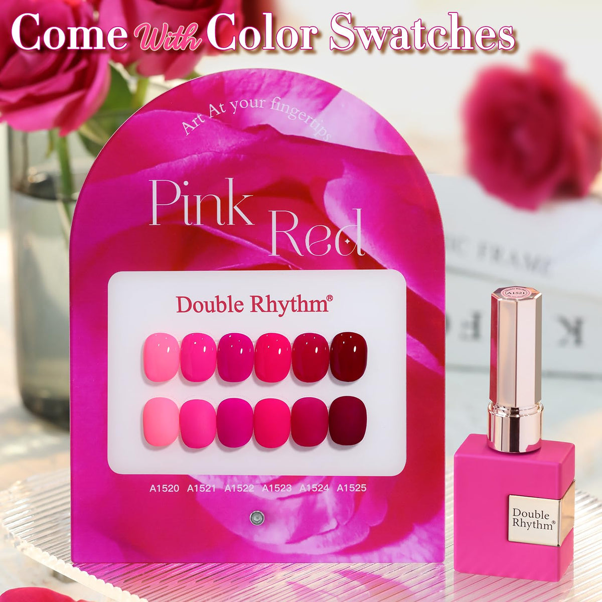 Close-up of Double Rhythm Gel Polish bottles with vibrant colours