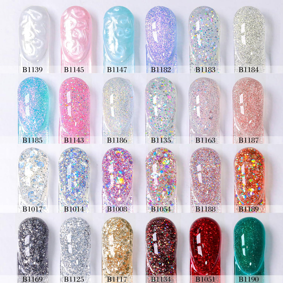 Close-up of Double Rhythm glitter gel polish bottles