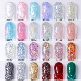 Close-up of Double Rhythm glitter gel polish bottles