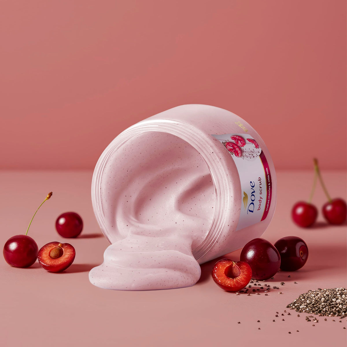 Close-up of Dove Cherry & Chia Milk Body Scrub texture