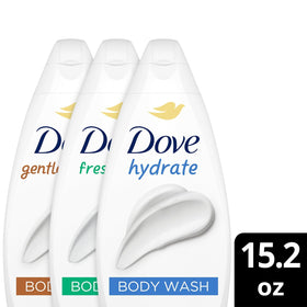 Close-up of Dove Fresh Care body wash bottle