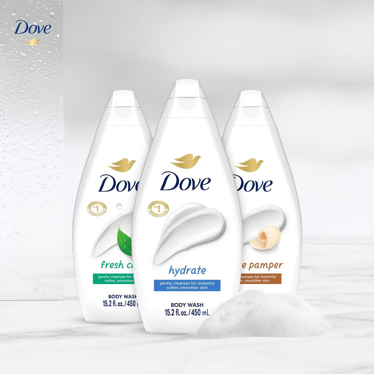 Close-up of Dove Gentle Pamper body wash bottle