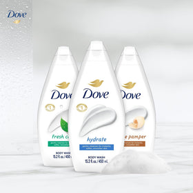Close-up of Dove Gentle Pamper body wash bottle