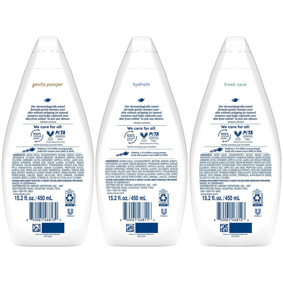Close-up of Dove Hydrate body wash bottle