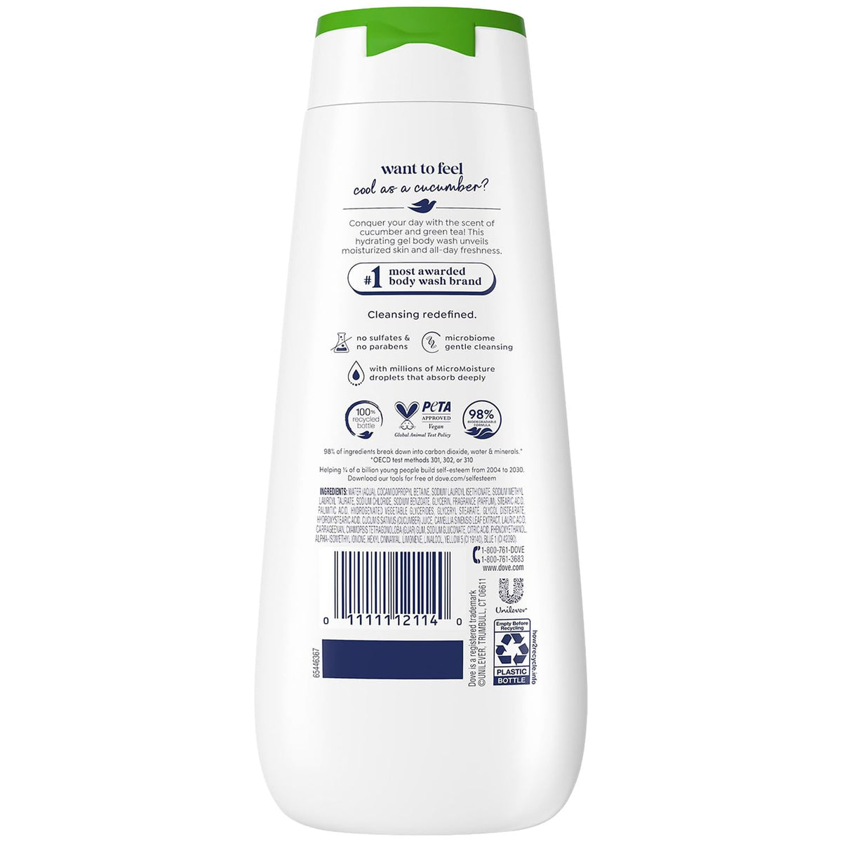 Close-up of Dove Refresh Body Wash bottle with Cucumber & Green Tea