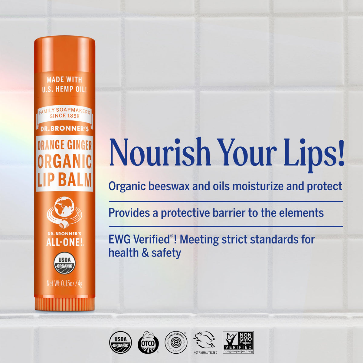 Close-up of Dr. Bronner's Organic Lip Balm tube