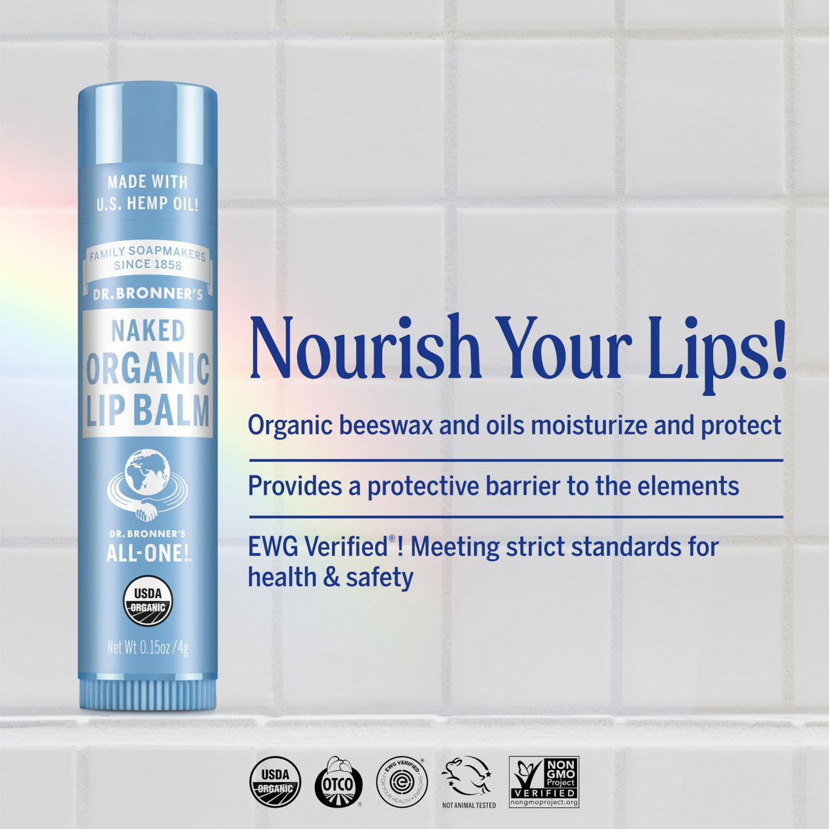 Close-up of Dr. Bronner's Organic Lip Balm tube showing natural ingredients