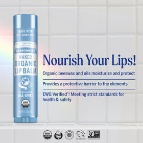 Close-up of Dr. Bronner's Organic Lip Balm tube showing natural ingredients
