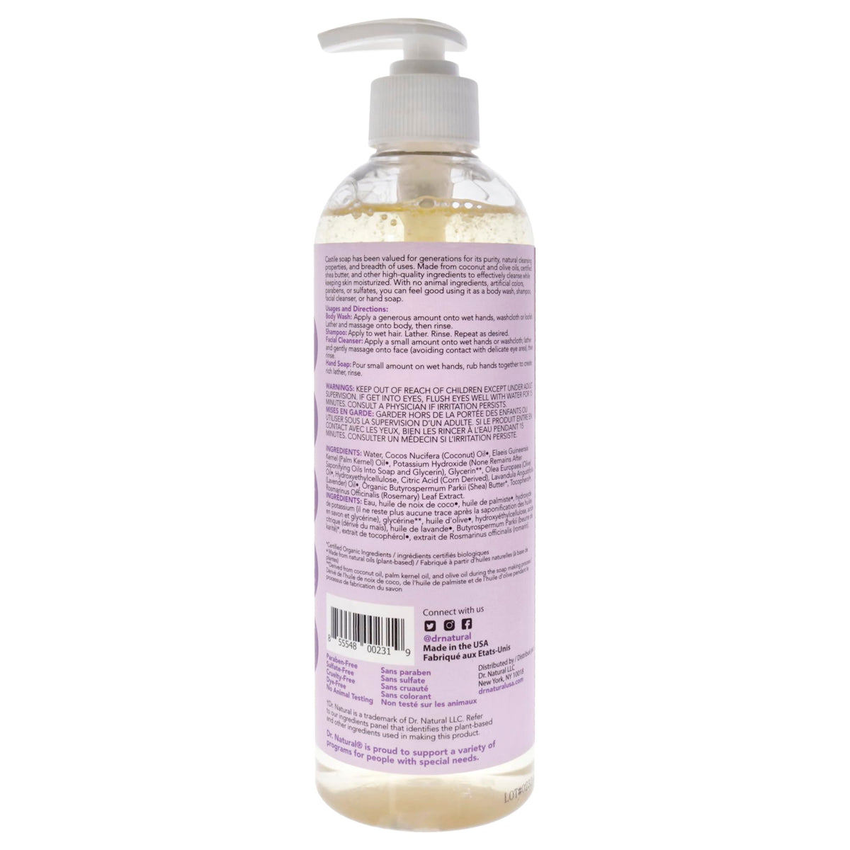 Close-up of Dr. Natural Castile Liquid Soap 16 oz lavender ingredients