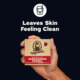 Close-up of Dr. Squatch Sandalwood Summit soap bar