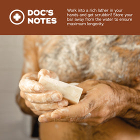 Close-up of Dr. Squatch soap texture and ingredients