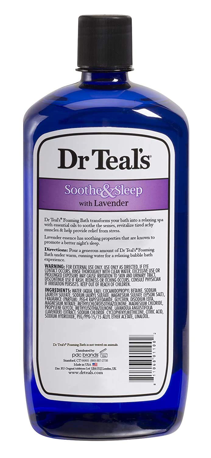 Close-up of Dr Teal's Eucalyptus and Spearmint Foaming Bath 34 fl oz bottle