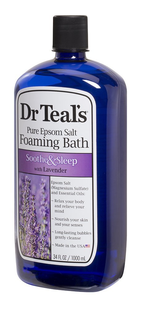 Close-up of Dr Teal's Lavender Foaming Bath 34 fl oz bottle