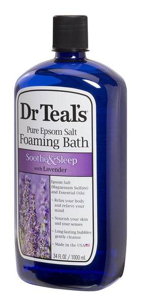 Close-up of Dr Teal's Lavender Foaming Bath 34 fl oz bottle